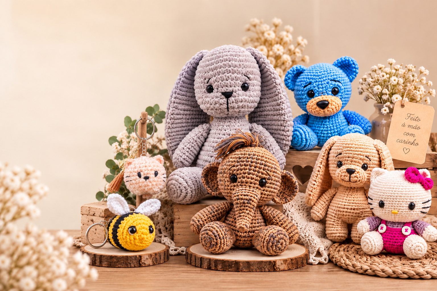 Coelho cinza, urso azul, elefante, cachorrinho, boneca e chaveiros de crochê da AMIMOÊ reunidos sobre uma mesa de madeira, ao lado de flores secas e de uma etiqueta com a frase feito à mão com carinho