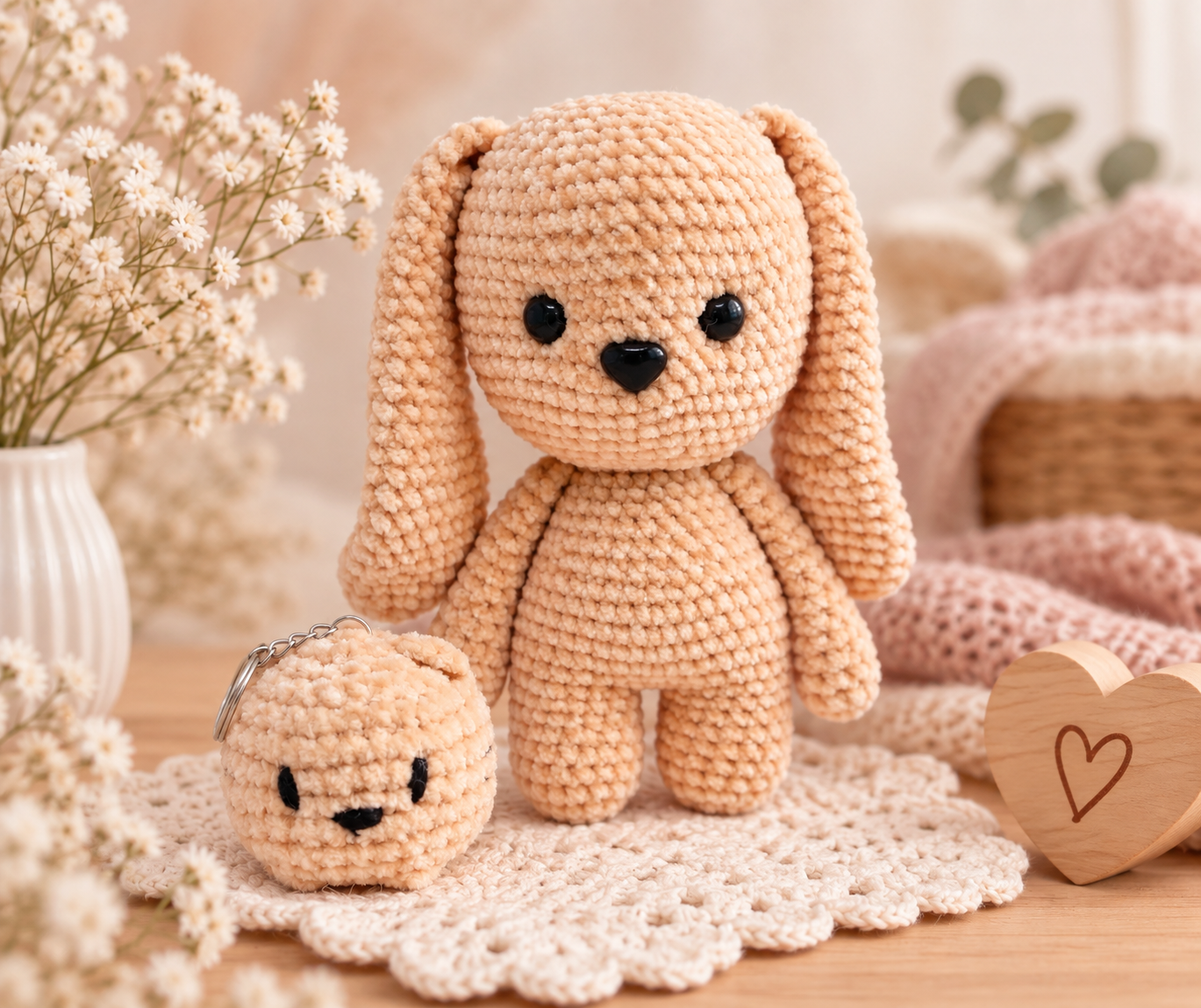 Cachorrinho de amigurumi em fio bege e o chaveiro da mesma peça, sobre uma toalhinha de crochê, entre flores secas e uma tag de madeira em forma de coração